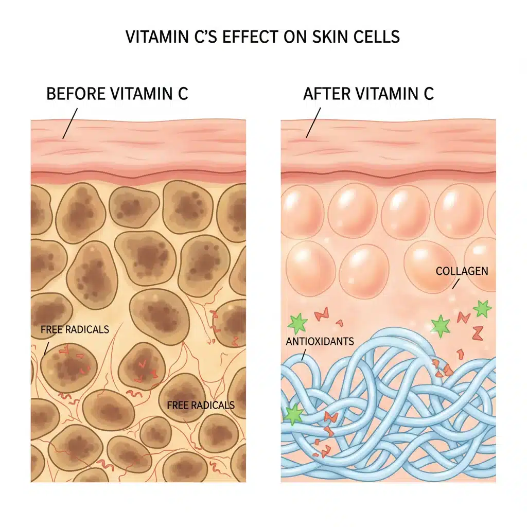Microscopic view of skin improvement with vitamin C serum, showing reduced dark spots and increased radiance
